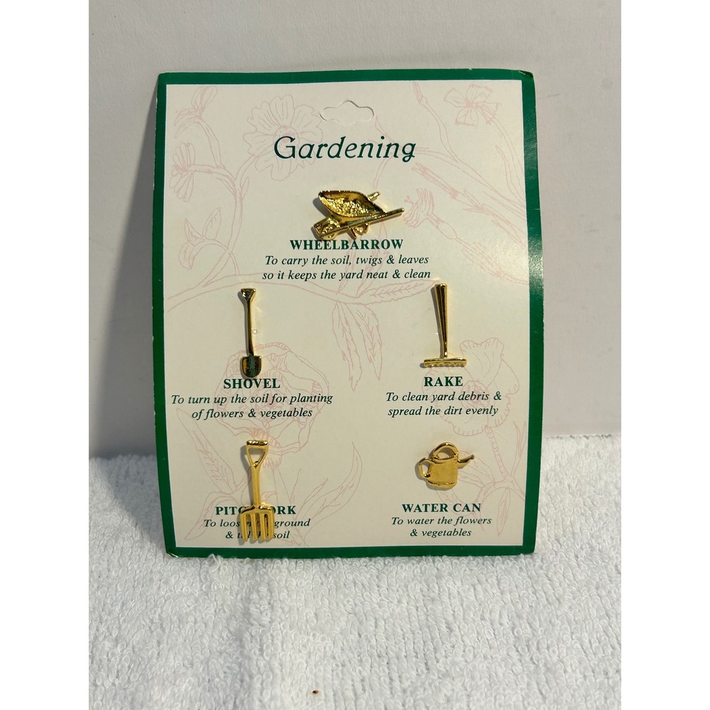 Gold Tone Gardening Tool Lapel Pin Set 5pc Wheelbarrow Shovel Rake Watering Can
